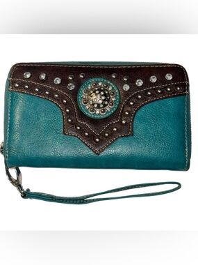 American Bling Teal Studded Rhinestone Concho Zip Around Wallet